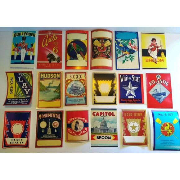 Vintage Broom Label Lot Of 18 Original Advertising Ephemera Parrot Airplane Auto